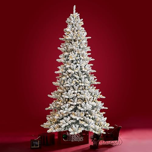 Miniatura 6 de Glitzhome Árbol de Navidad artificial de abeto nevado preiluminado de 9 pies con 650 luces blancas cálidas, árbol de Navidad grande con soporte de
