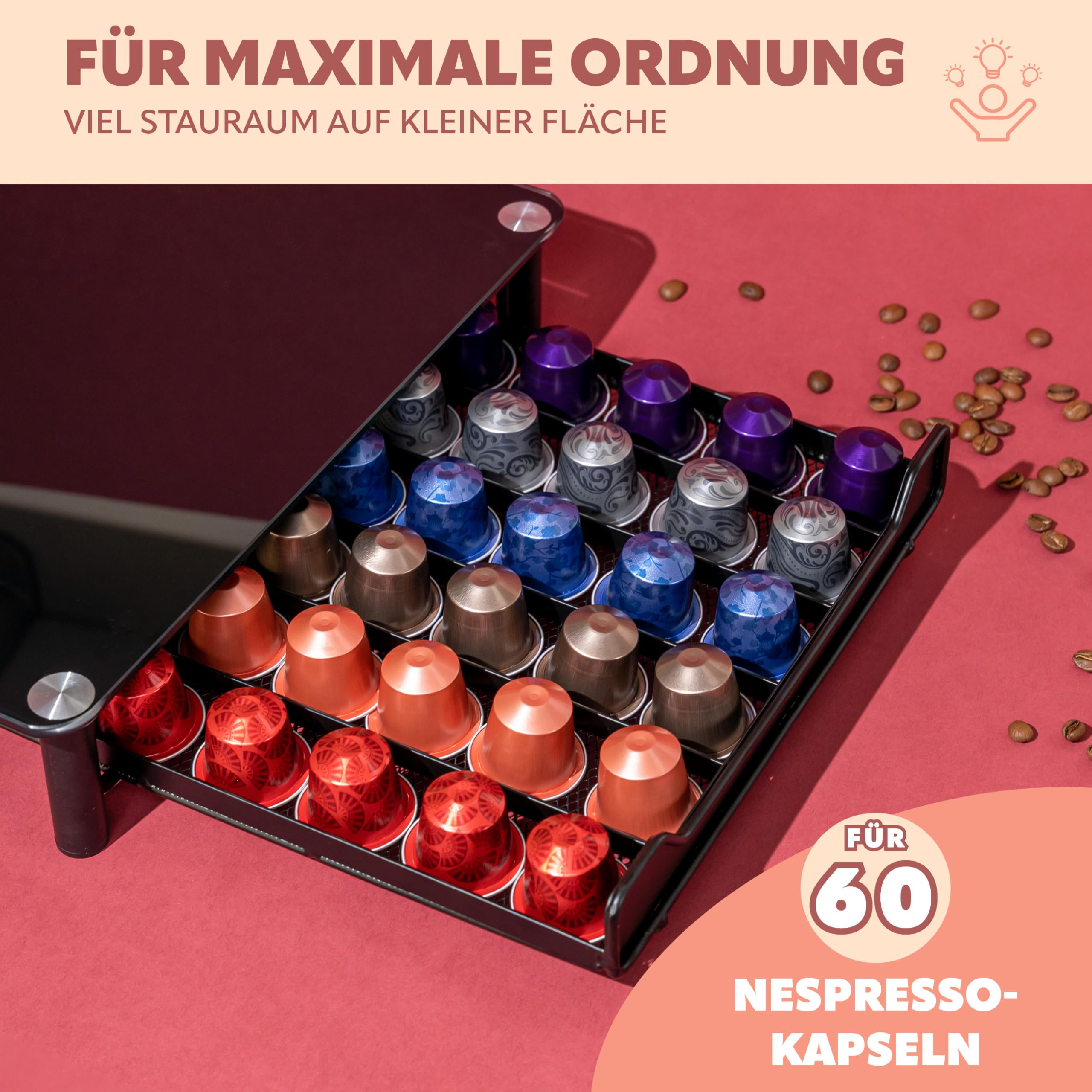 bremermann Kaffeekapsel-Box für 60x Nespresso, Schubladenbox, Metall und Glasplatte, Kapselhalter, Kapselspender ca. 31 x 7 x 40,5 cm (Schwarz)