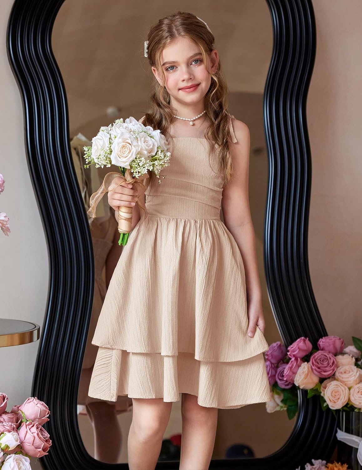 Arshiner Girls Summer Spaghetti Strap Dresses Flowy Tiered Ruched Smocked Back Casual Beach Midi Sundress - Image 3