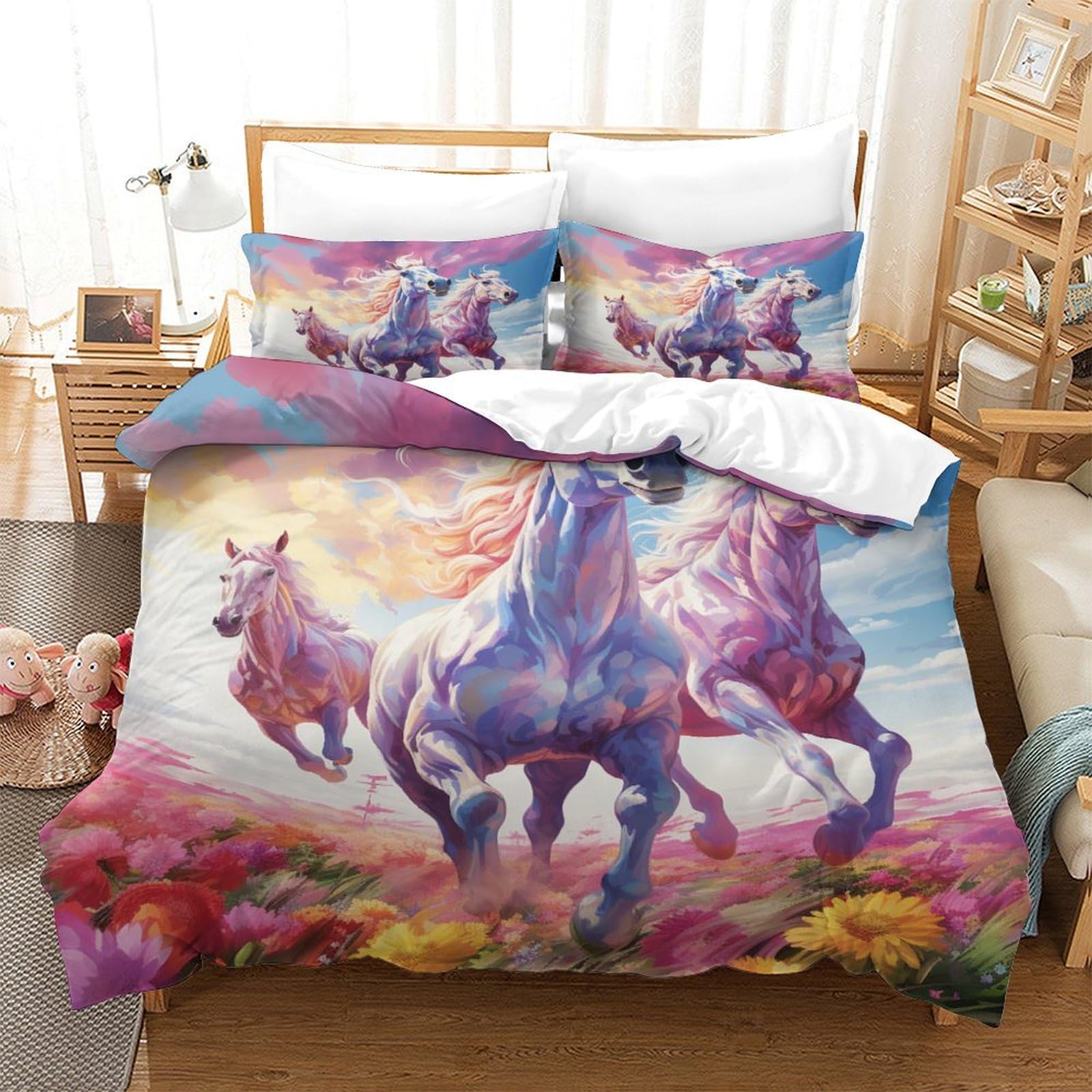 Housse de couette cheval 260x220 cm avec taies en microfbre