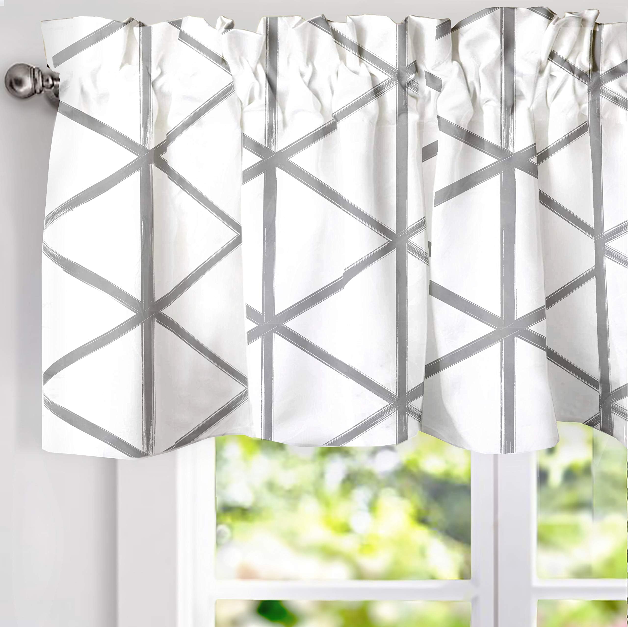 DriftAway Raymond Geometric Triangle Trellis Pattern Lined Thermal Insulated Energy Saving Window Curtain Valance for Living Room 2 Layers 52 Inch by 18 Inch Plus 2 Inch Header Gray and White