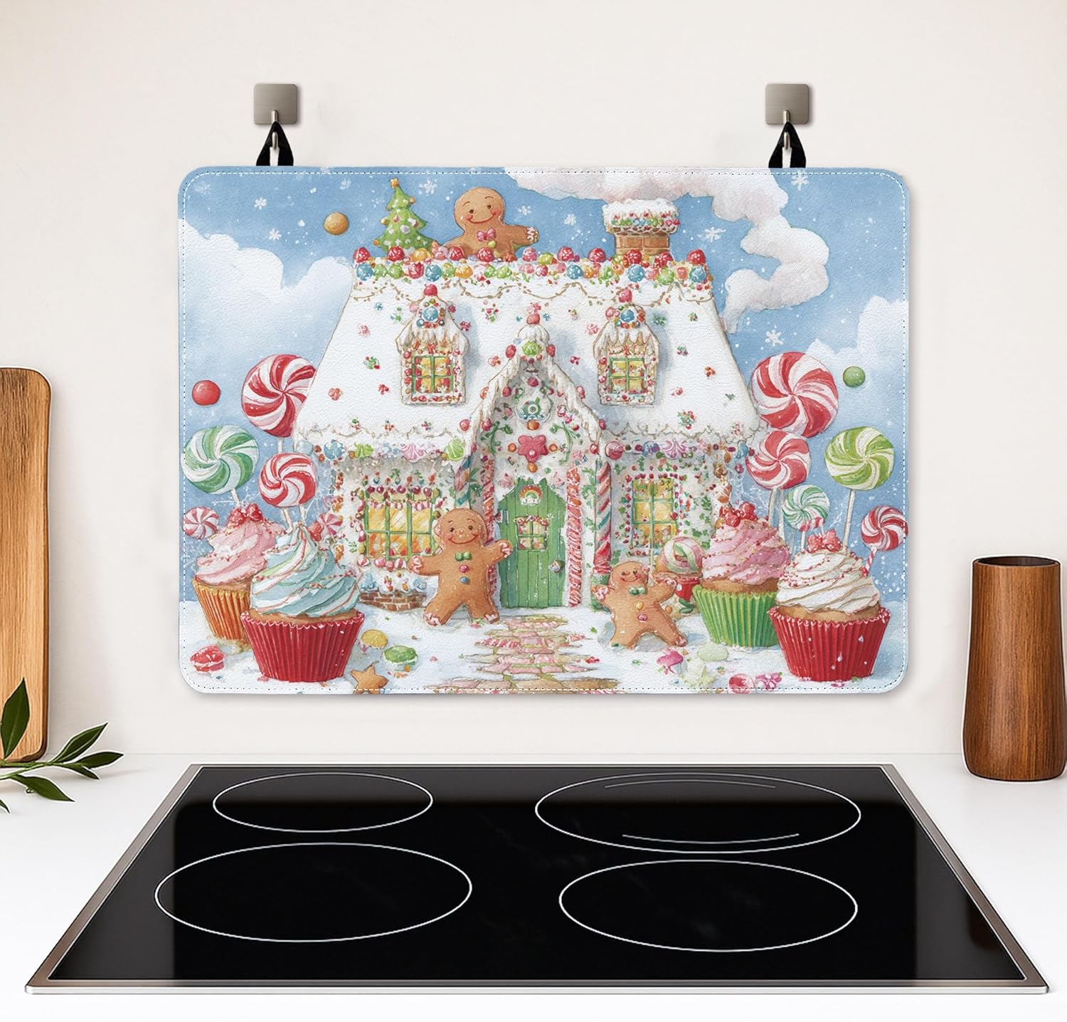 Gingerbread Stove Top Cover for Electric Stove, Christmas Fanciful Cupcake Candy Christmas Red Rubber Non-Slip Cooktop Cover for Induction or Electric Rv Kitchen Decor 28x20 Inch
