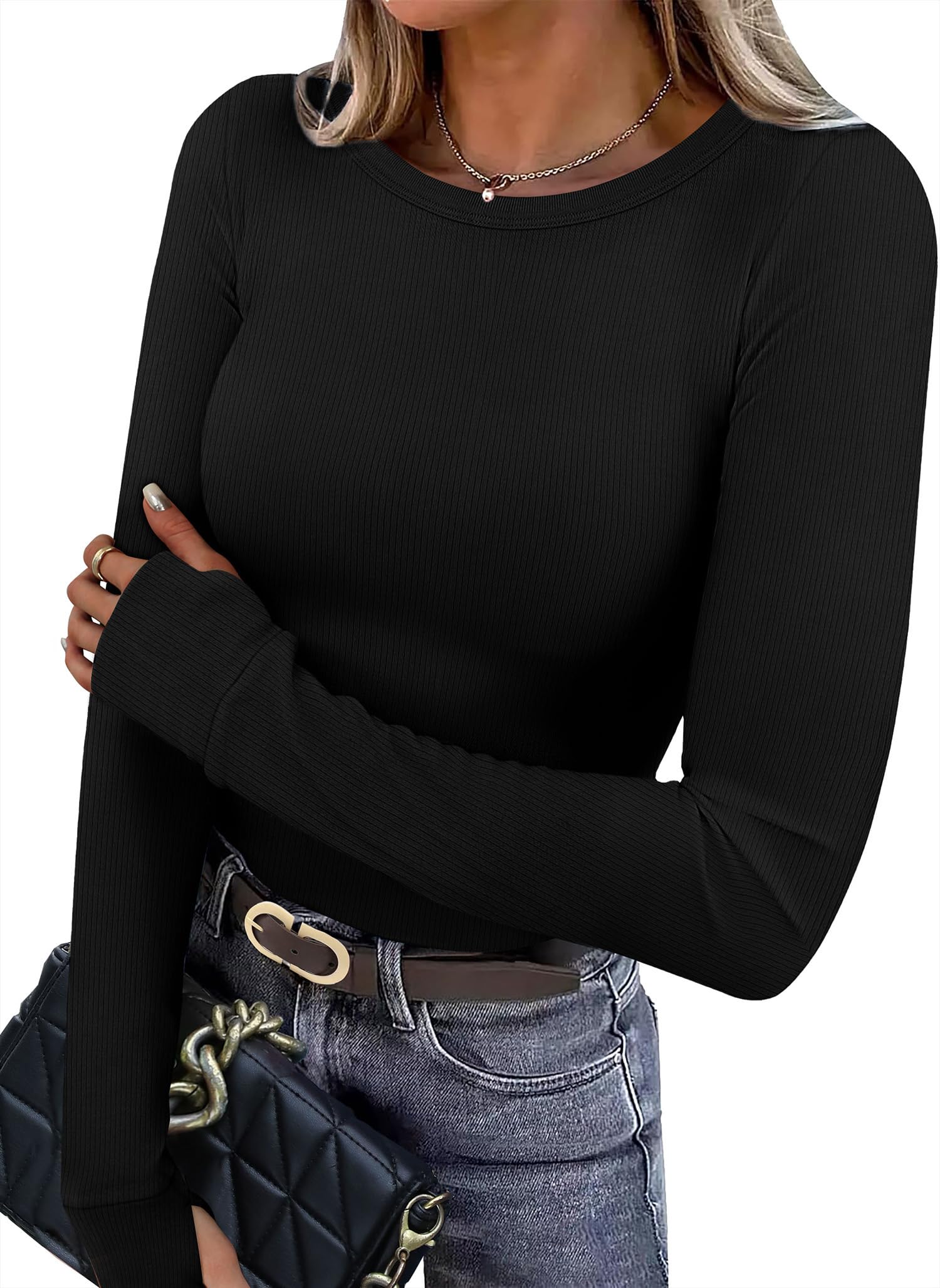 XIEERDUO Long Sleeve Thermal Shirt for Women Fleece Slim Fit Tops Crewneck Basic T-Shirts with Thumb Holes Fall