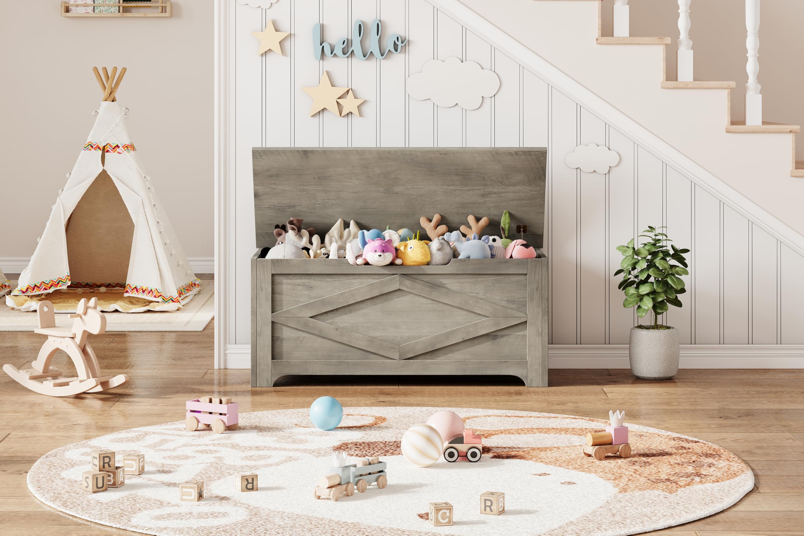 GarveeHome Graue Sitzbare Aufbewahrungsbox im Bauernhaus-Stil, 136kg Tragfähigkeit, Großkapazität Für Spielzeug & Kleidung, Für Kinderzimmer & Wohnzimmer, Größe 100 x 40 x 45 cm