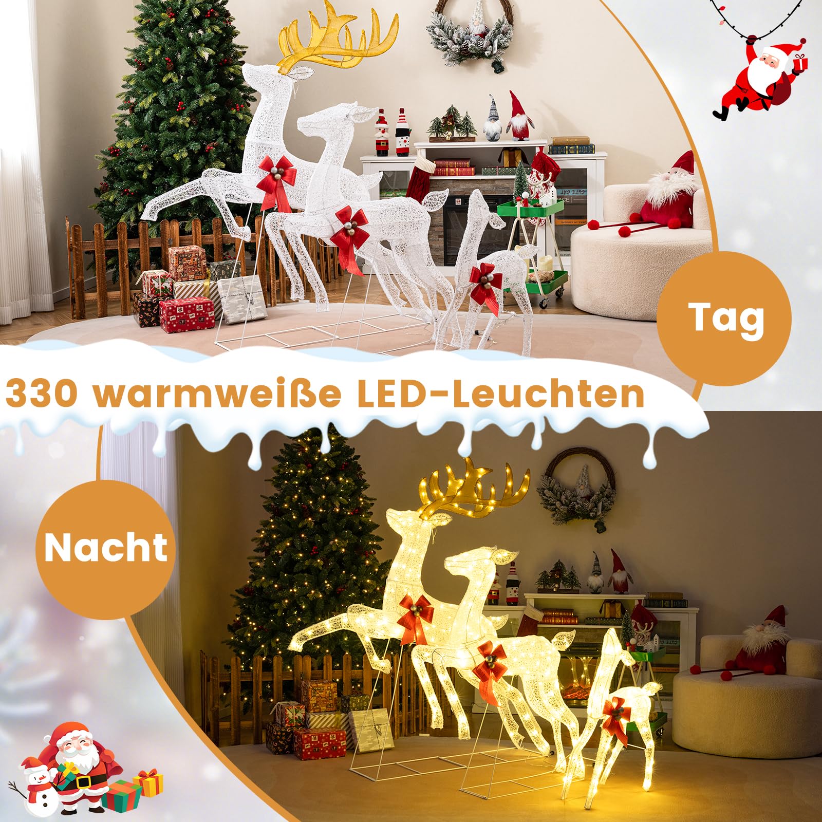 COSTWAY 3 teiliges LED Rentier Familie groß, beleuchtete Weihnachtsdeko XXL, Weihnachtsfigur mit 330 warmweißen Lichtern & Schleifen, Weihnachtsbeleuchtung, Weihnachtsdekoration für Außen & Innen