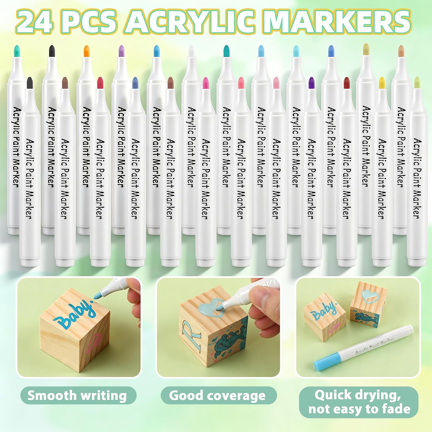 118PCS Baby Shower Games Kit with 52Blank Wooden Blocks, 24Acrylic Paint Markers, Wooden Box, Sign, and 40 Templates to Paint, Blocks Suitable for Baby Shower, Gender Reveals Party, Birthday(Kraft)