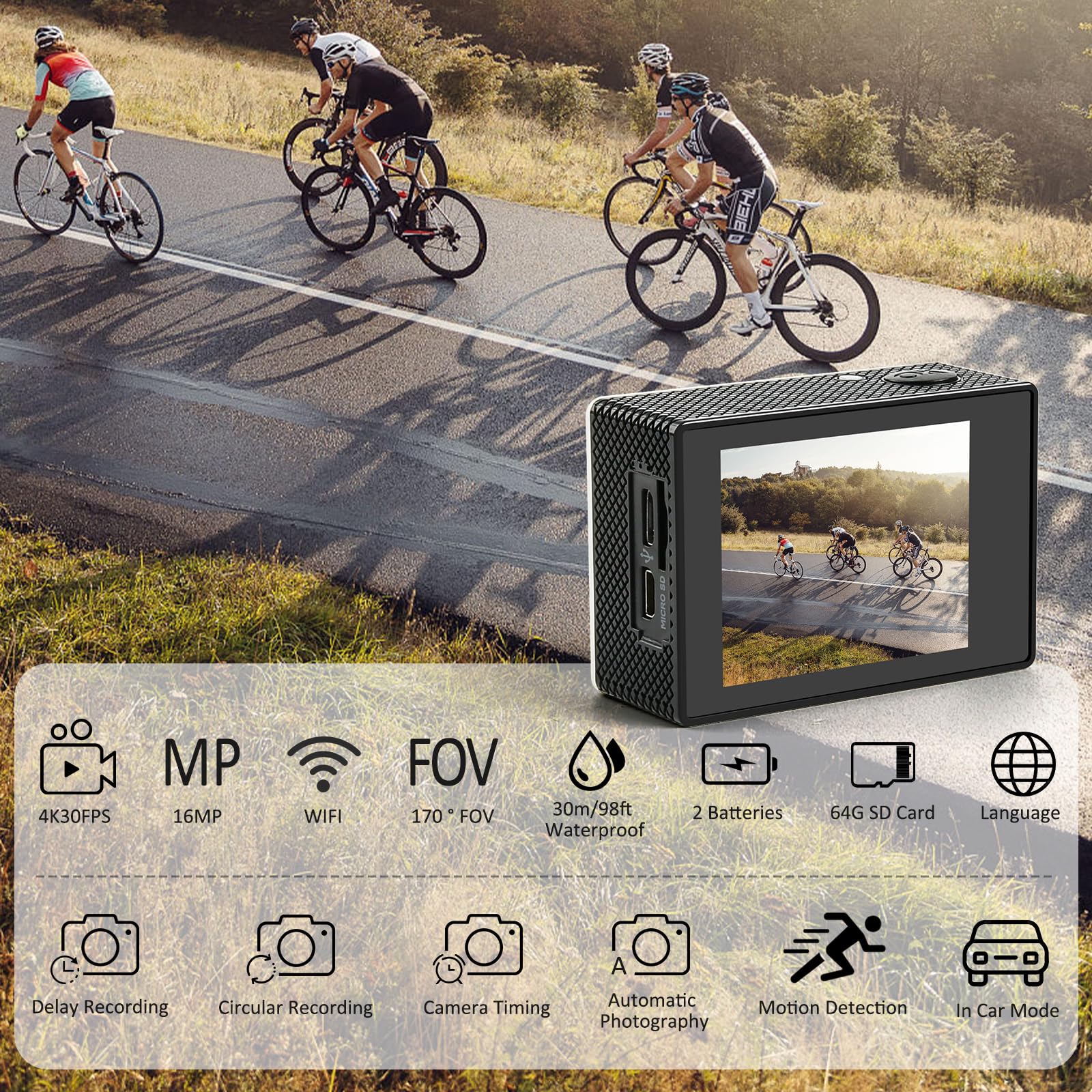 Comius Sharp Camera Sport 4K 30FPS HD 16MP Caméscope WiFi Ultra HD Étanche 30M Carte SD 64G 2 Batteries Blanc