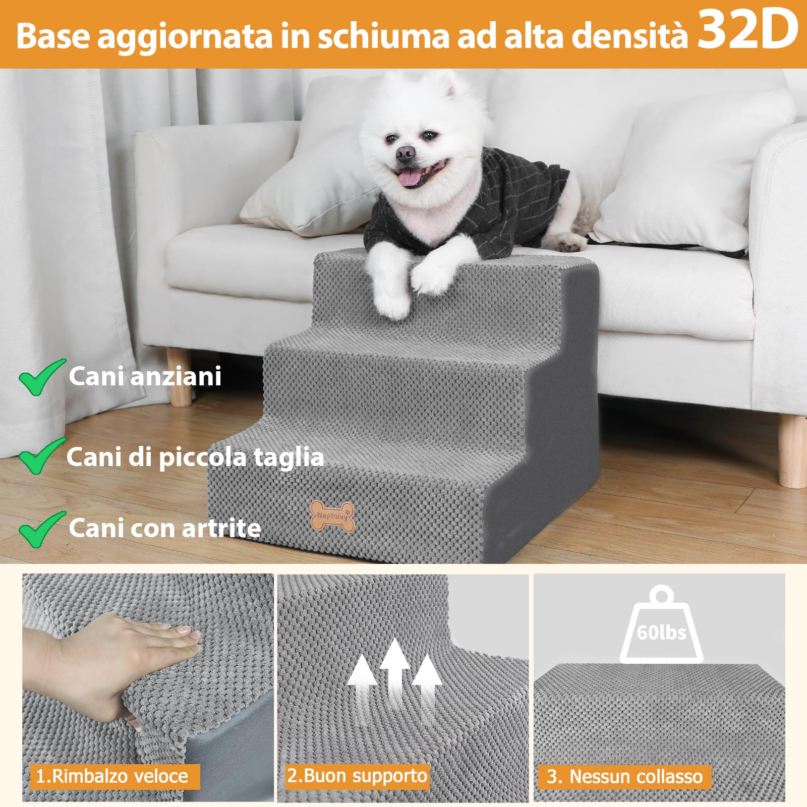 Nepfaivy Scaletta per Cani - Scala per Cani e Gatti per Salire sul Letto, Gradini con Copertura Rimovibile e Lavabile, Marrone, 45x40x34cm