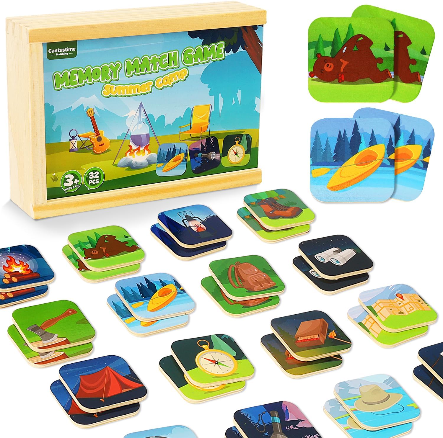 Memory Matching Game for Kids - 32pc Summer Camp Concentration Memory Card Matching Learning Toys Gifts for Preschool Toddler,Children,Boys and Girls Ages 3-5,3,4,5 and Up