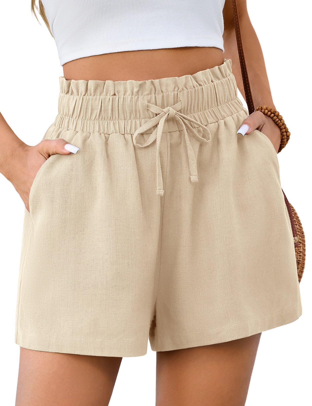 heekpek Short Lin Femme Ete Fluide Large Taille Haute Pantalon Court Femme Été Leger Short de Plage avec Poches