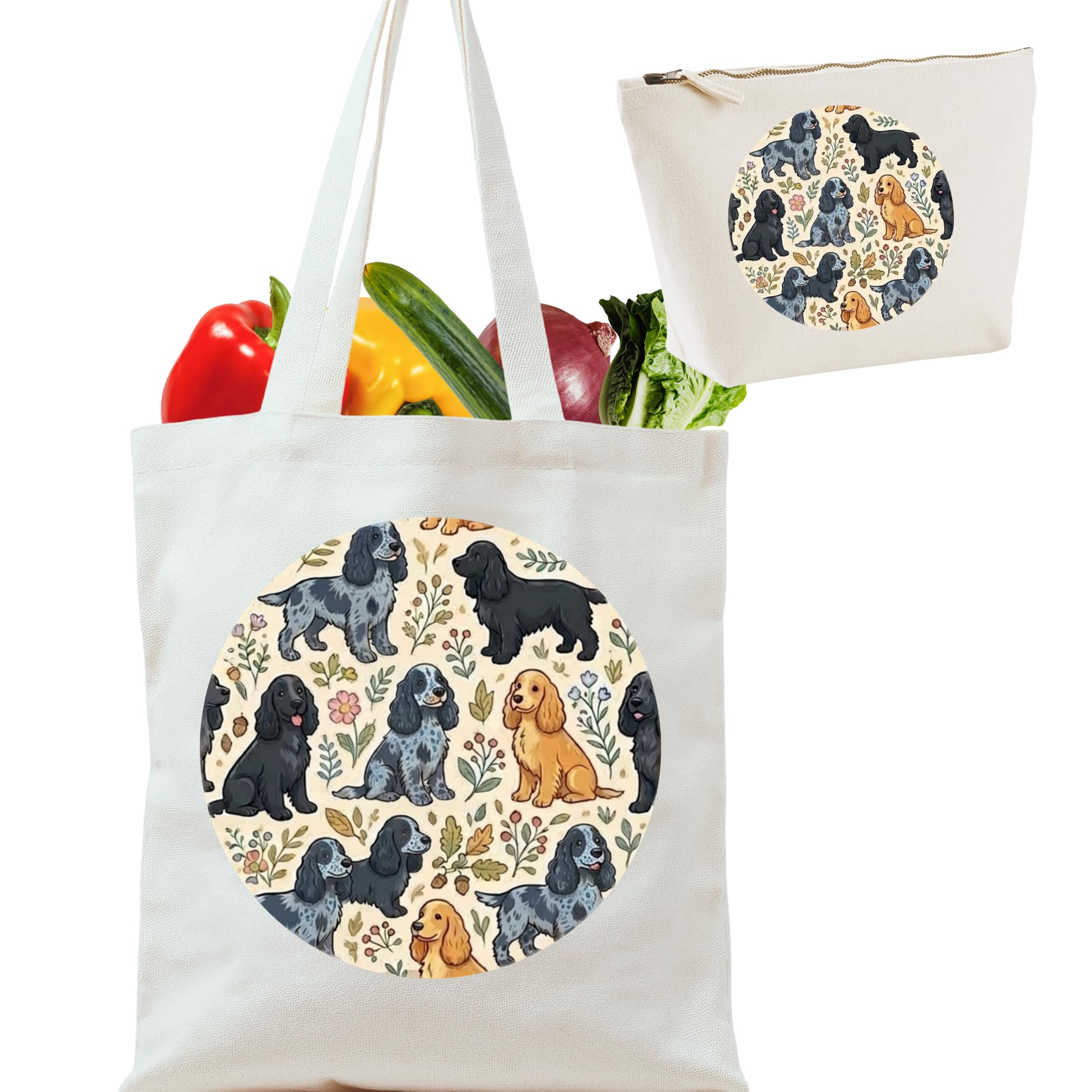 Cocker Spaniel Tote Bag, Reusable Canvas Shopping Bag with Handy Pouch, Foldable Cotton Bag for Women, Unique Dog Lover, Mum, Friends, Dog Themed Travel Carryall Bag