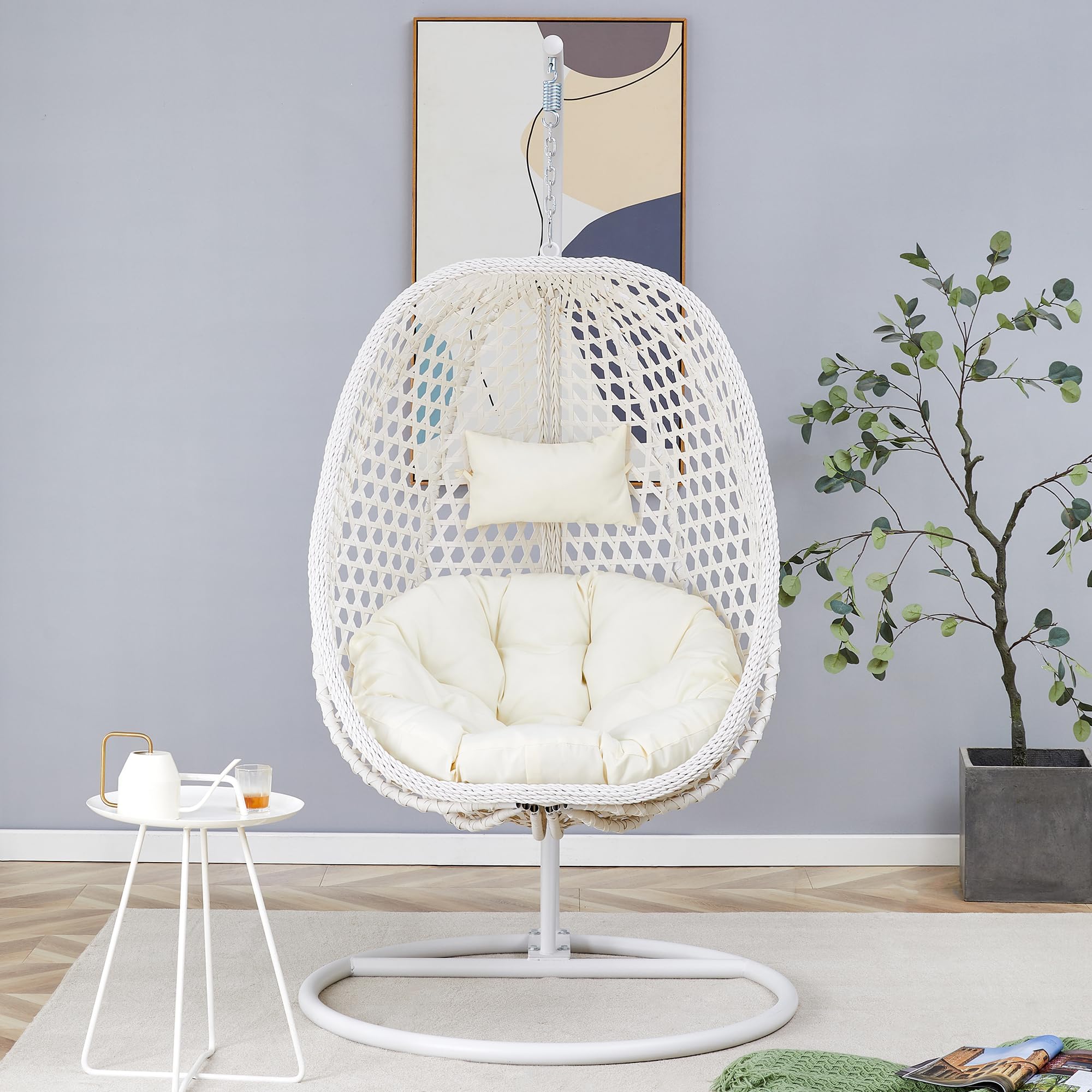 JUFU Egg Swing Chair with Stand，Patio Hanging Basket Chair Outdoor，Hammock Chair with Cushions and Pillow,Hanging Egg Chair with Aluminum Steel Frame