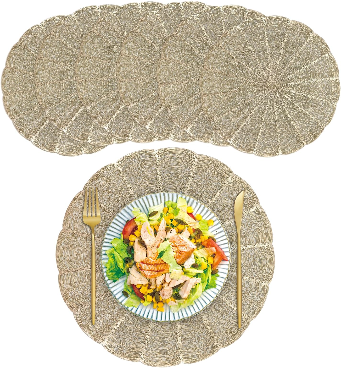 Gold Placemats Set of 6 Round Place Mats 15" Dining Table