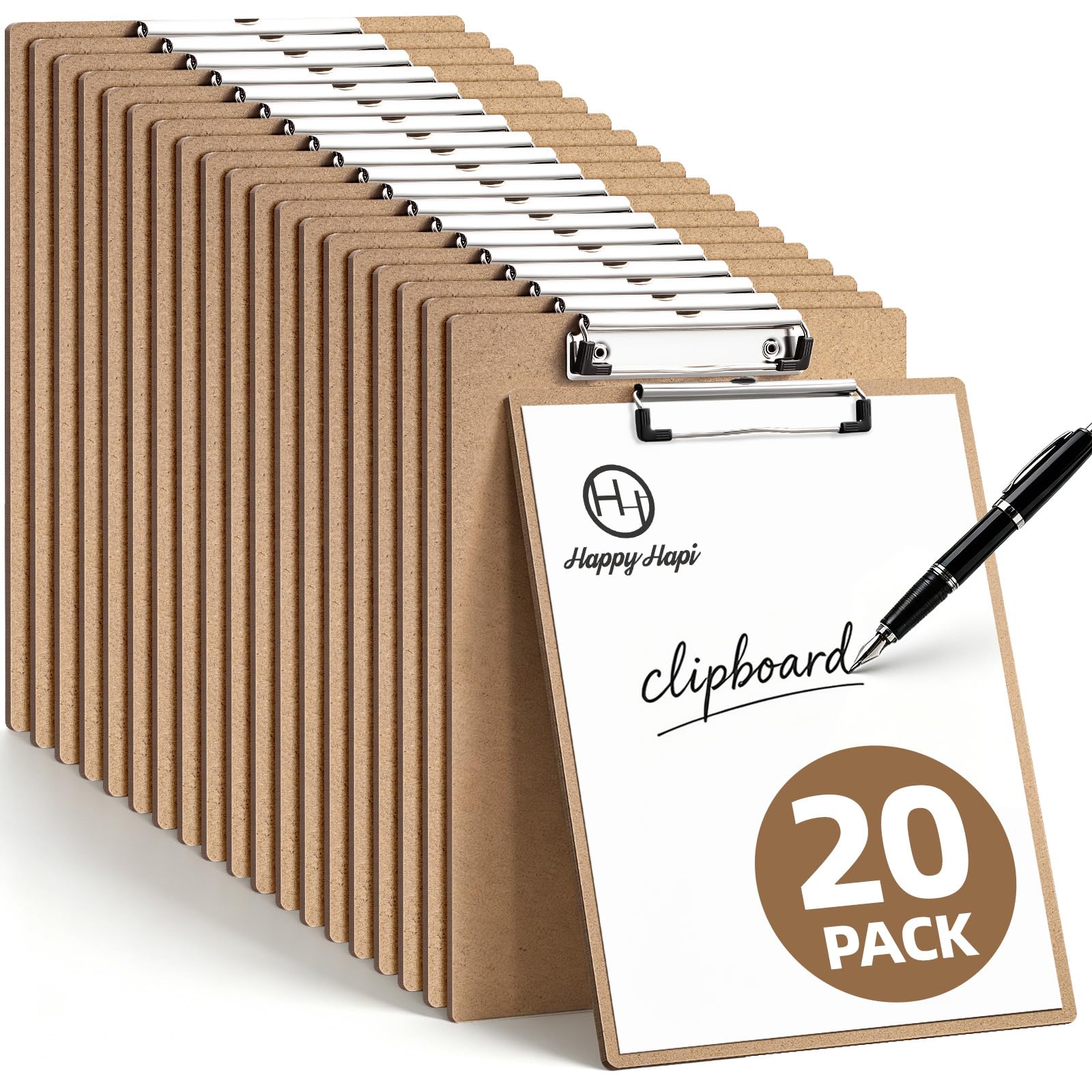 Happyhapi Klemmbretter aus Hartfaserplatte, Büro-Klemmbretter, Standard-A4-Briefgröße (22,9 x 32,5 cm) mit niedrigem Profil-Clip, Holz-Klemmbretter für Büro, Schule, Krankenhausbedarf, 20 Stück