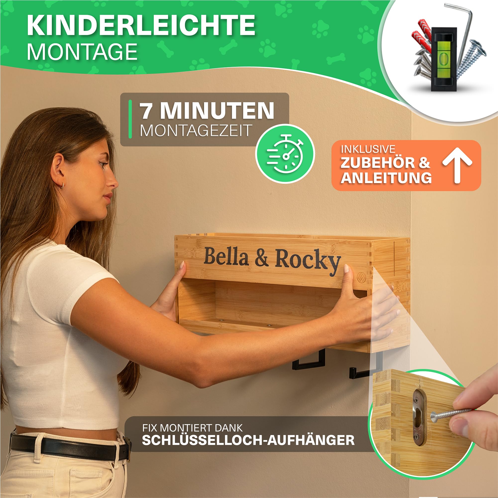 VELONT Hundegarderobe mit Ablage Personalisiert - Größe XL - Perfekter Leinenparkplatz - Bambus - Dogstation für Leinen & Zubehör - Inkl. Kotbeutelspender und Montagekit (06 XXL Gravur)