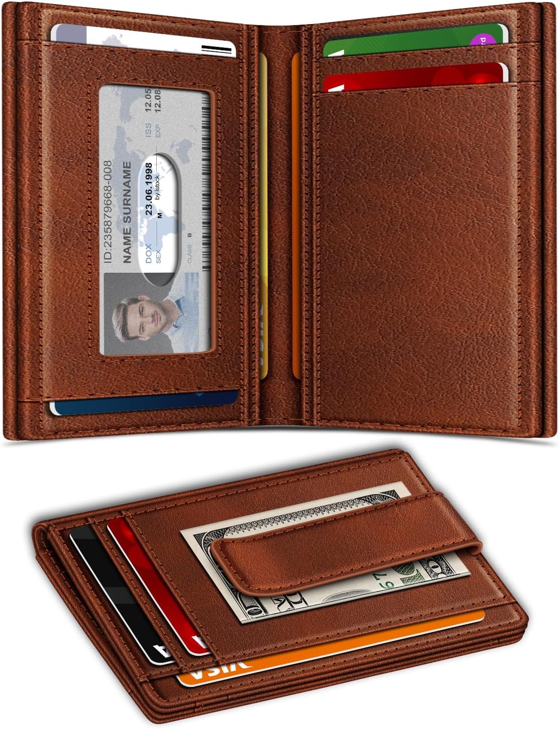 Wallet for Men 14-16 Cards, Minimalist Men Leather Wallet, Men's Front Pocket Bifold Wallets with Money Clip, Slim Thin Card Holder RFID Blocking Bill Folder Magnetic Closure Men Gifts, Reddish Brown image 2 of 9 B0F66FS5KT