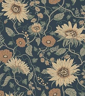 Erfoni 16.9" x197" Vintage Wall Paper Floral Peel and Stick Wallpaper Sunflower Contact Paper Botanical Flower Self Adhesive DIY Removable Wallpaper for Bathroom Accent Wall Covering Vinyl Roll Dark