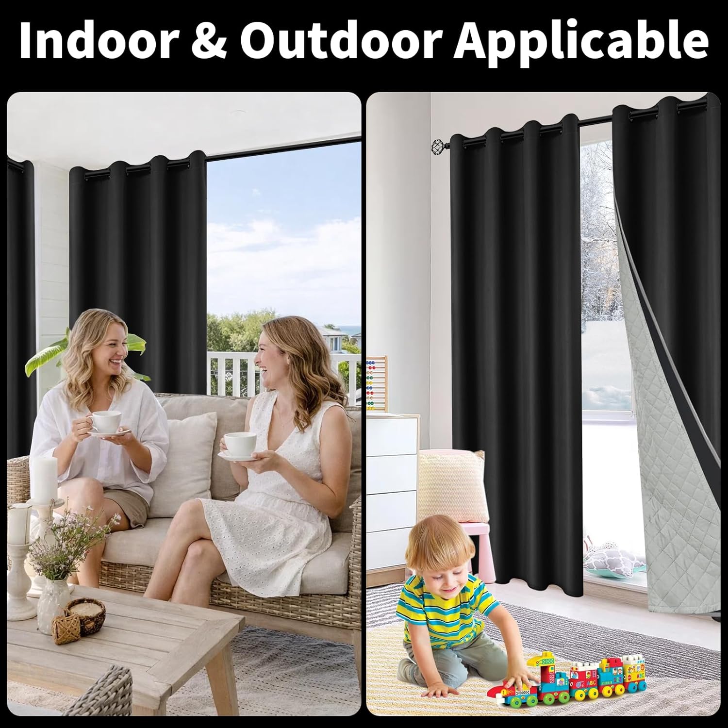 Blackout Curtains, Thermal Insulated 3 Layers Quilted for Bedroom Living Room, 100% Room Darkening Blackout Curtains 1 Panel, Black, 52"x84"