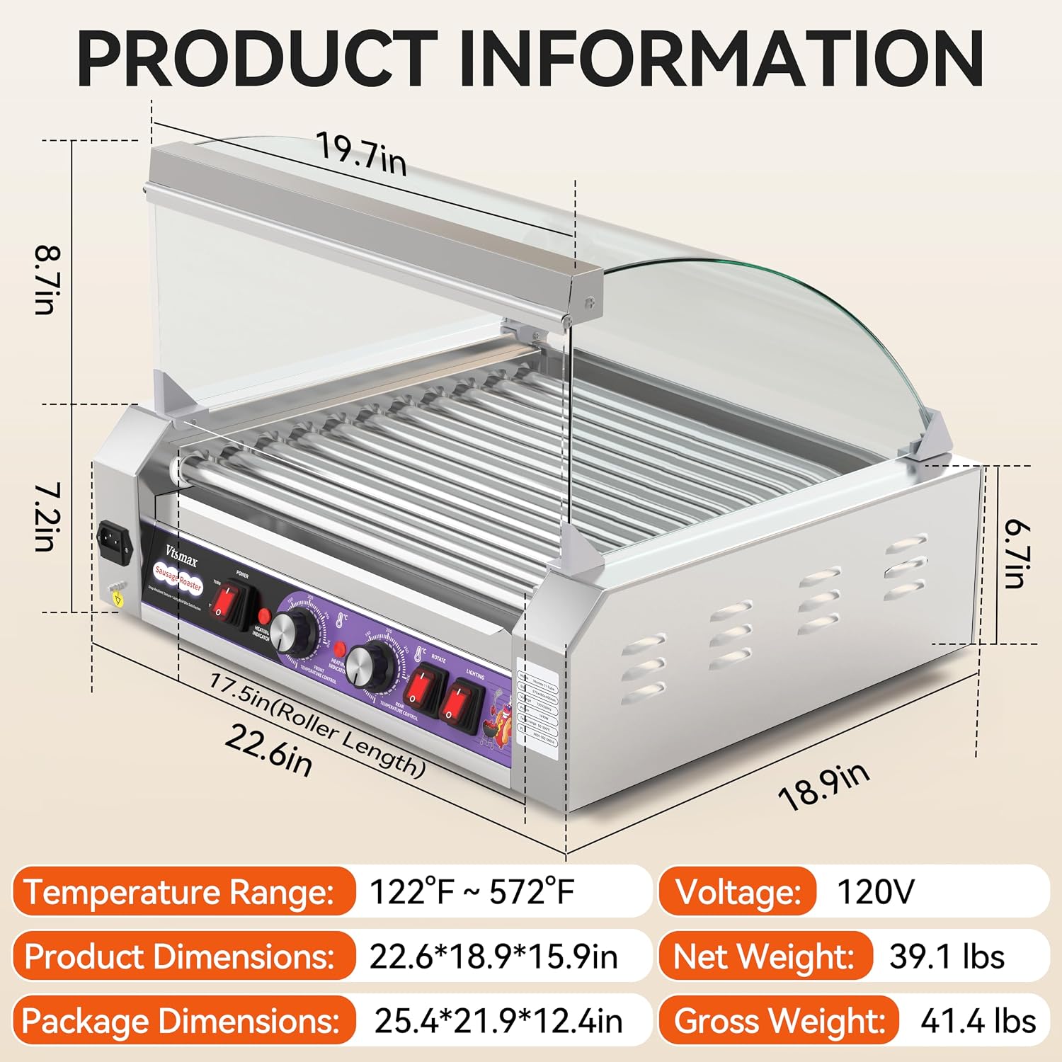 Commercial Hot Dog Roller 11 Rollers, 304 Stainless Steel, Extra Large Capacity, Fast Heating Electric Hot Dog Cooker, for Restaurant & Concession Stand