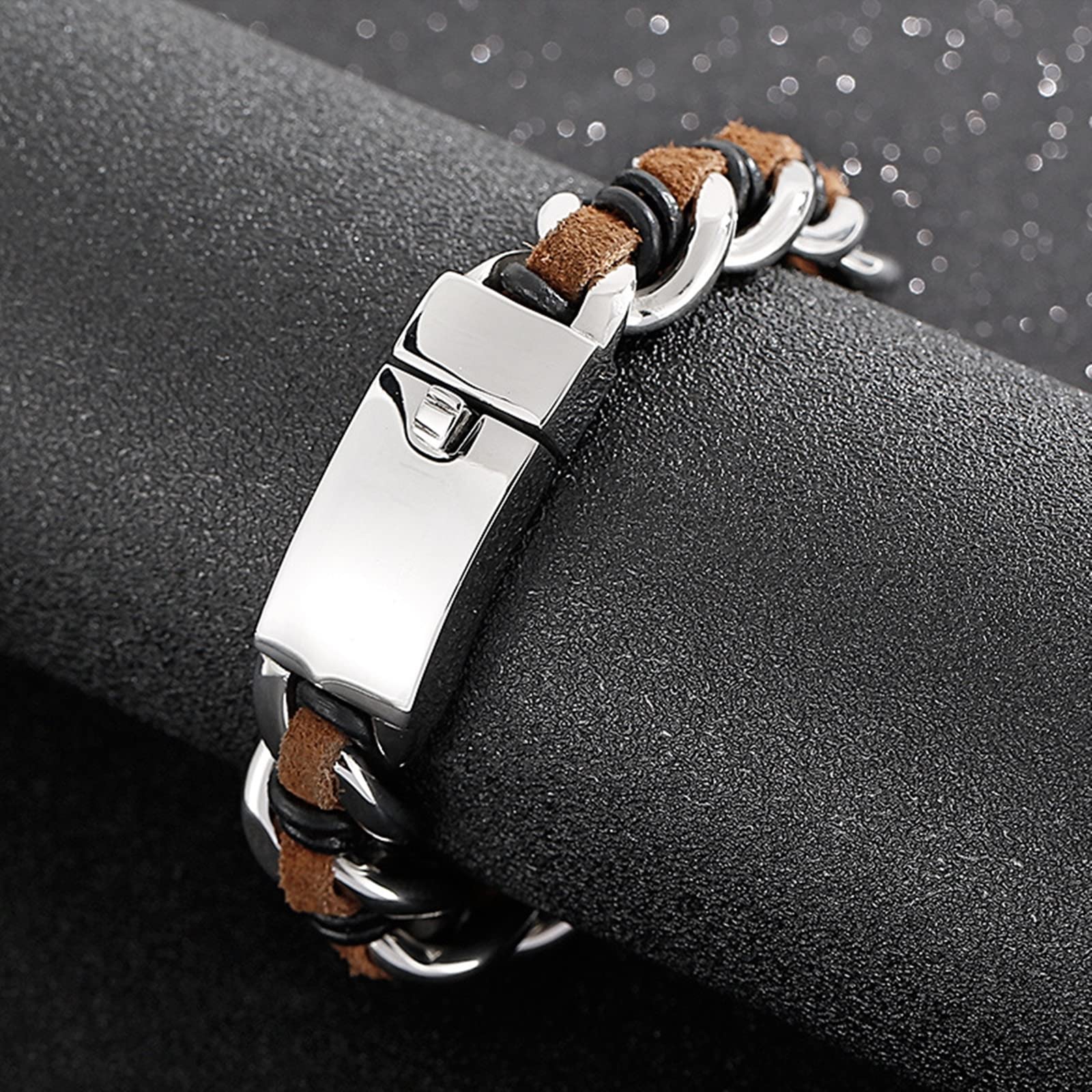 Bracelet Cuir, Bracelet Simple Marron Acier Inoxydable Cuir Maille Gourmette Mode Tressé Mariage Cadeau Bijoux Homme 21.5cmx16mm