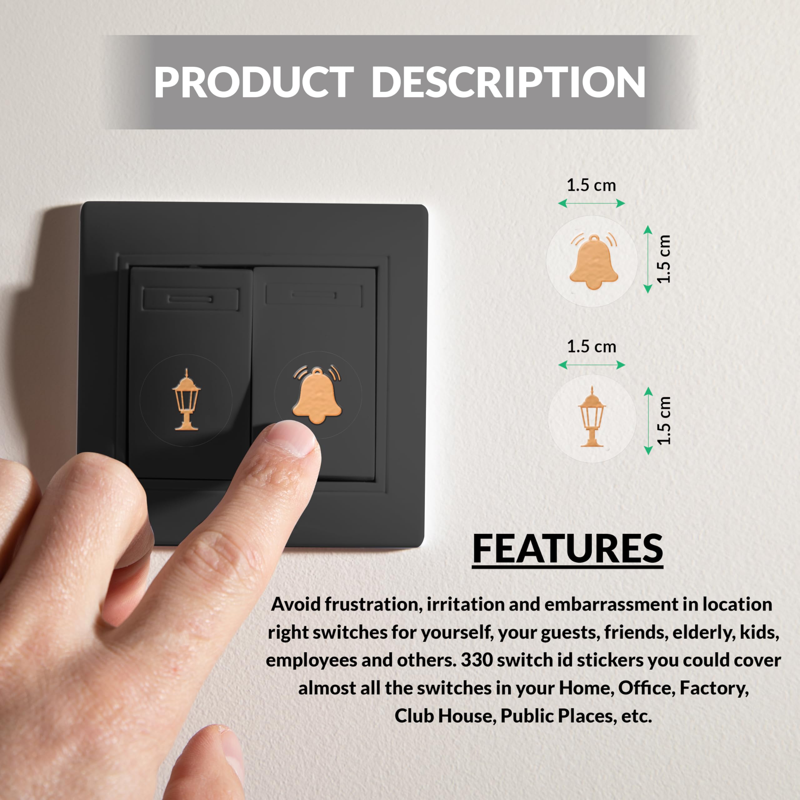 Goelite Rose Gold Switch Stickers Embossed for Switch Board | 27 Designs, Pack of 330 Stickers for Home Including Fan, Light and Many More 4