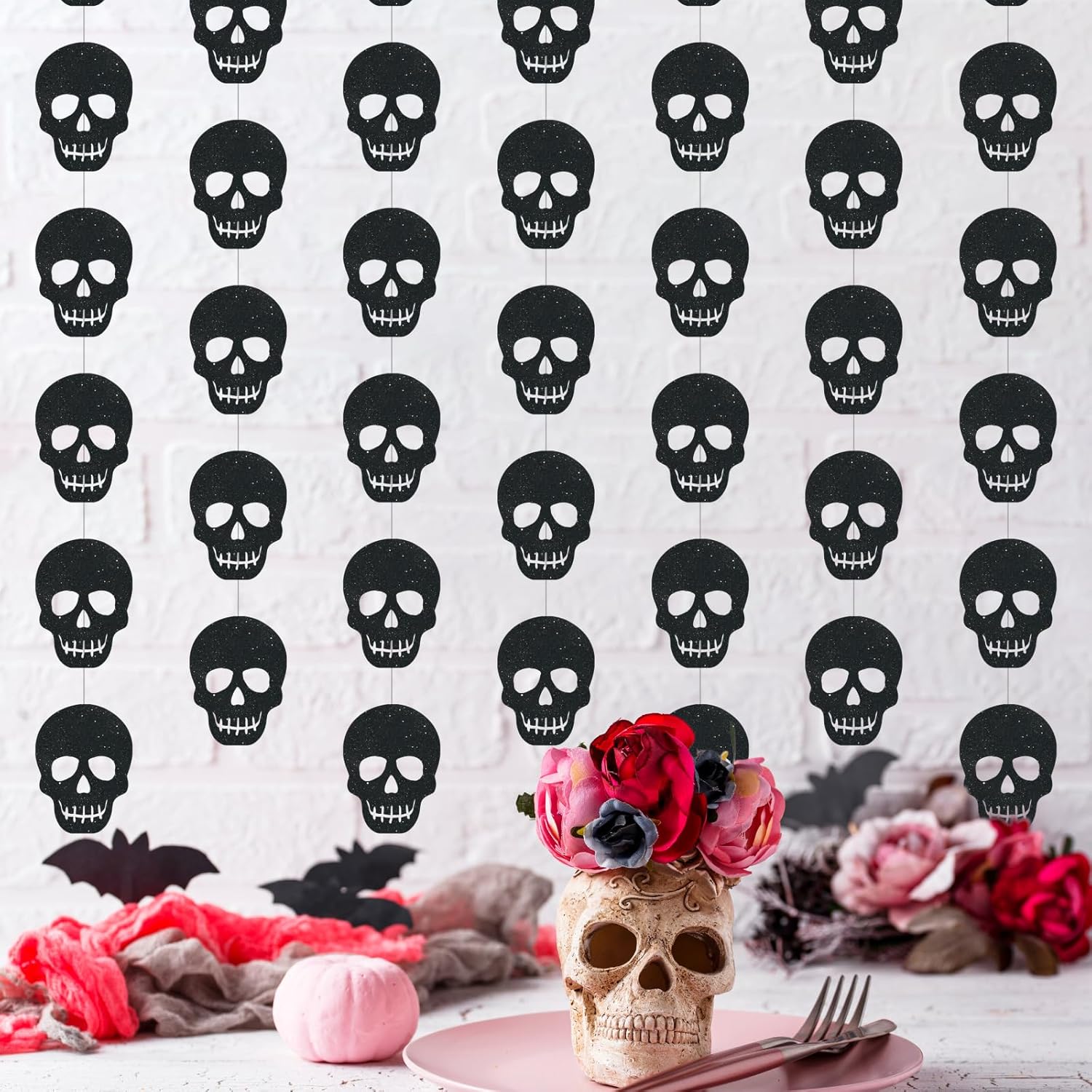 Xinnun Skull Party Decorations Black Skeleton Hanging Banners Garland Gothic Theme Banner Cutouts Ribbon Streamers for Halloween Spooky Funny Funeral Birthday Party Decor Supplies(Skull) - Image 4