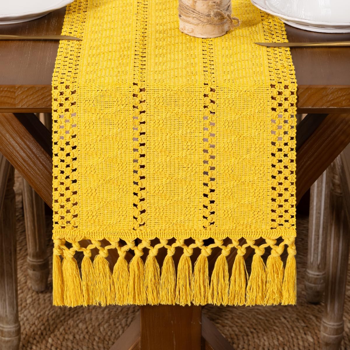 DeZerlor Boho Macrame Table Runner Spring Easter Farmhouse Woven Small Table Runner with Tassels 36 Inches Gold Yellow Cotton Linen Kitchen Table Decor for Dining Dresser Home Tea Table Decor