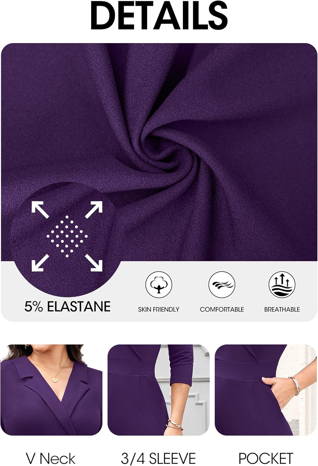 FANDEE 女性用フォーマルジャンプスーツ、ハイウエストワイドレッグロンパースビジネスワーク七分袖ワンピースアウトフィットポケット