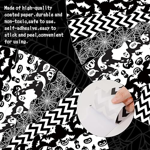 Miniatura 3 de AnyDesign 60 calcomanías para tablón de anuncios de Halloween, color blanco y negro, con patrón de calabaza, fantasma, murciélago, telaraña, borde