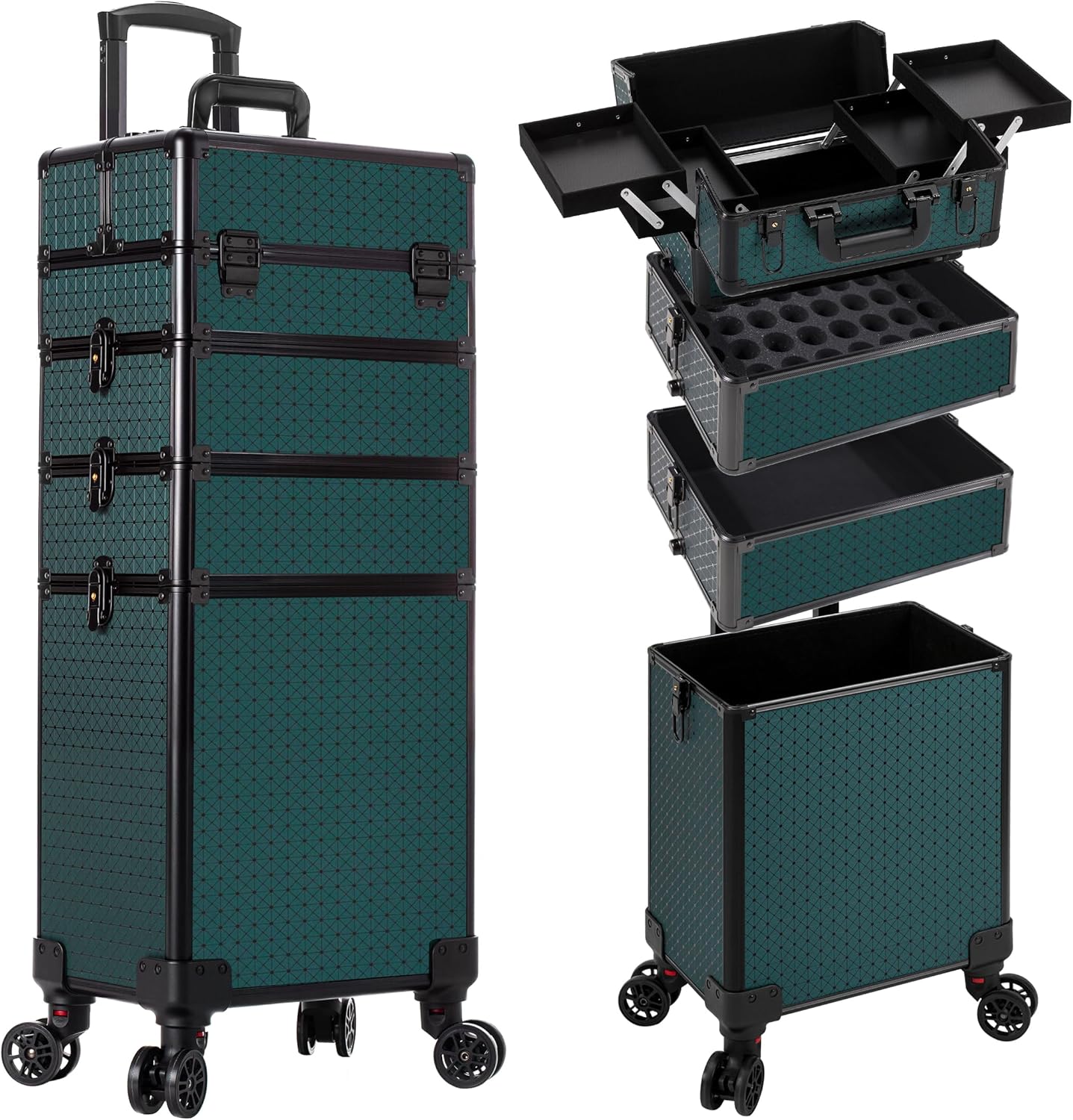 arous rolling makeup train case 4 in 1 cosmetology case on wheels large storage cosmetic trolley with key salon barber case traveling cart trunk, green