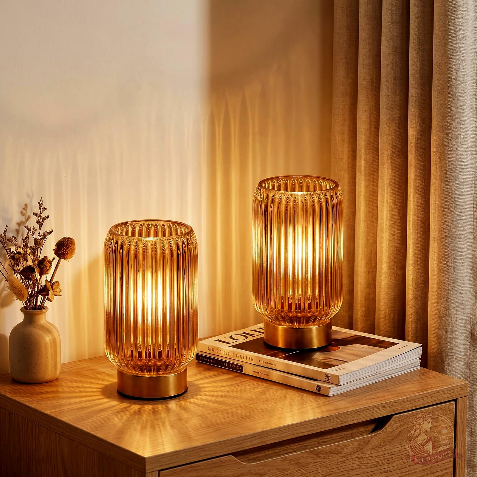 MJ PREMIER 2er-Set Tischlampe Kabellose, Batteriebetriebene Nachttischlampe mit 6H Timer, gelber geriffelter Glasschirm, Vintage Dekoleuchte ohne Stromkabel, kleine Tischleuchte für Innenräume
