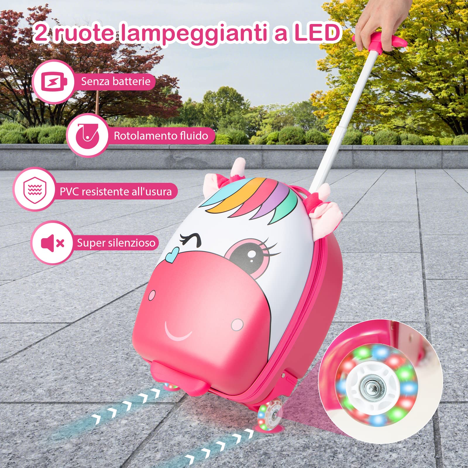 RELAX4LIFE Valigia Trolley 16'' per Bambini con Ruote Lampeggianti e Maniglia Retrattile a 2 Livelli, in Plastica ABS e PC, per Asilo Scuola e Viaggio, 33x22x68,5-83,5cm (cavallo rosa)