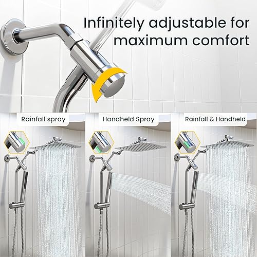 Miniatura 4 de Veken Cabezal de Ducha de Lluvia Lujoso Completamente de Metal de 10" con Ducha de Mano, Cabezales de Ducha de Lluvia de Alta Presión con Brazo de