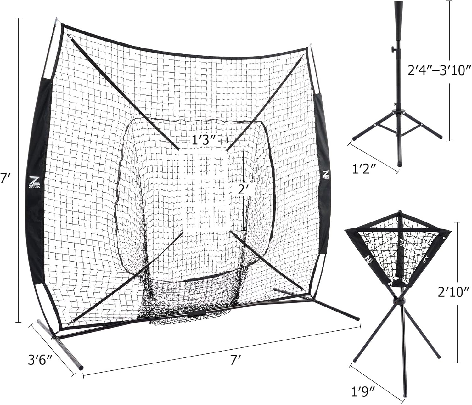 ZELUS Baseball Net Kit with Tee and Strike Zone, 7x7ft Softball Training Equipment for Hitting and Pitching, Portable Indoor Outdoor Batting Practice Net with Carry Bag Ball Caddy & 12 Baseballs