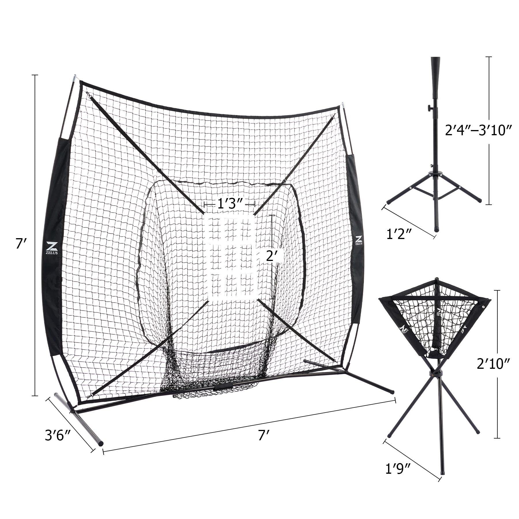 ZELUS Baseball Net Kit with Tee and Strike Zone, 7x7ft Softball Training Equipment for Hitting