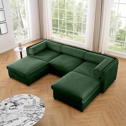 Miniatura 7 de Otomana verde de almacenamiento para sofá modular seccional, asiento de tela de felpilla para sofás seccionales de gran tamaño para sala de estar,