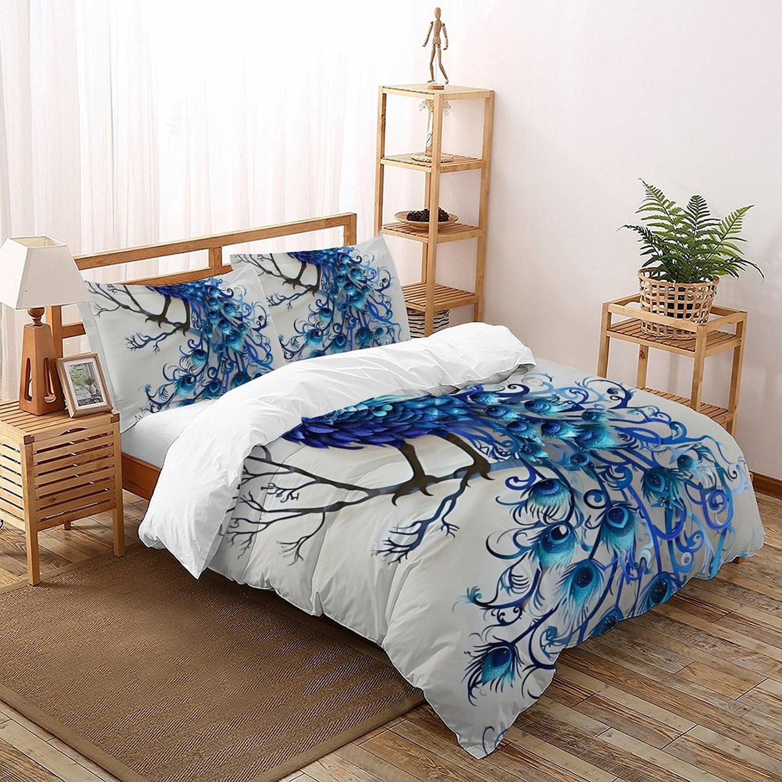 Housse de couette paon 200x200 cm avec 2 taies d'oreiller