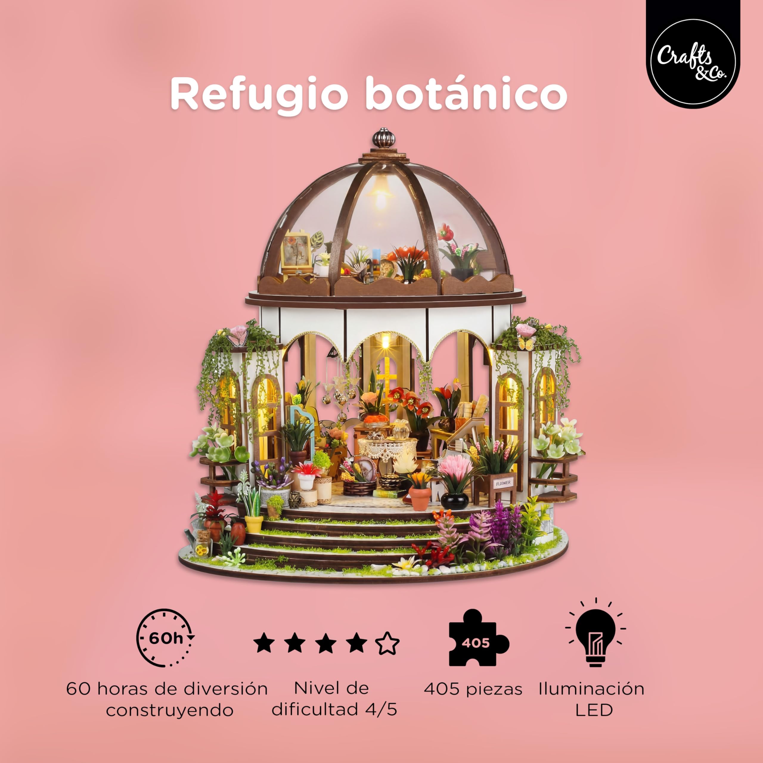 Crafts&Co® Casa en Miniatura DIY | Maqueta con Iluminación LED | Kit de Construcción 405 Piezas para Adultos | Casa de Muñecas para Montar con Accesorios y Herramientas | 25,5 x 21,5 x 24,5 cm