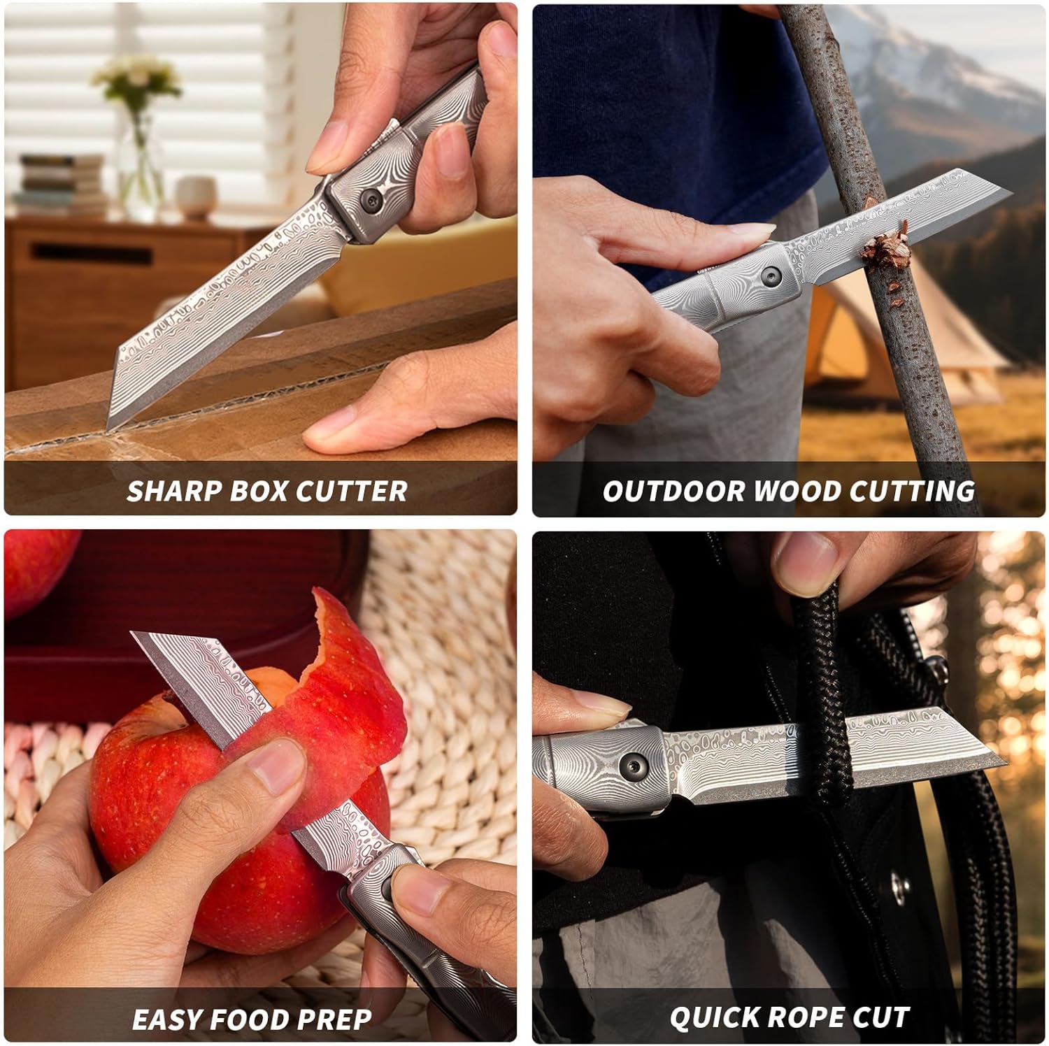 KATSU Handmade Full Damascus Pocket Knife,3" Damascus Blade Bamboo Style Men Women Folding Knife with Clip Linner Lock, Japanese Razor Work Knife with Leather Sheath Camping Hiking