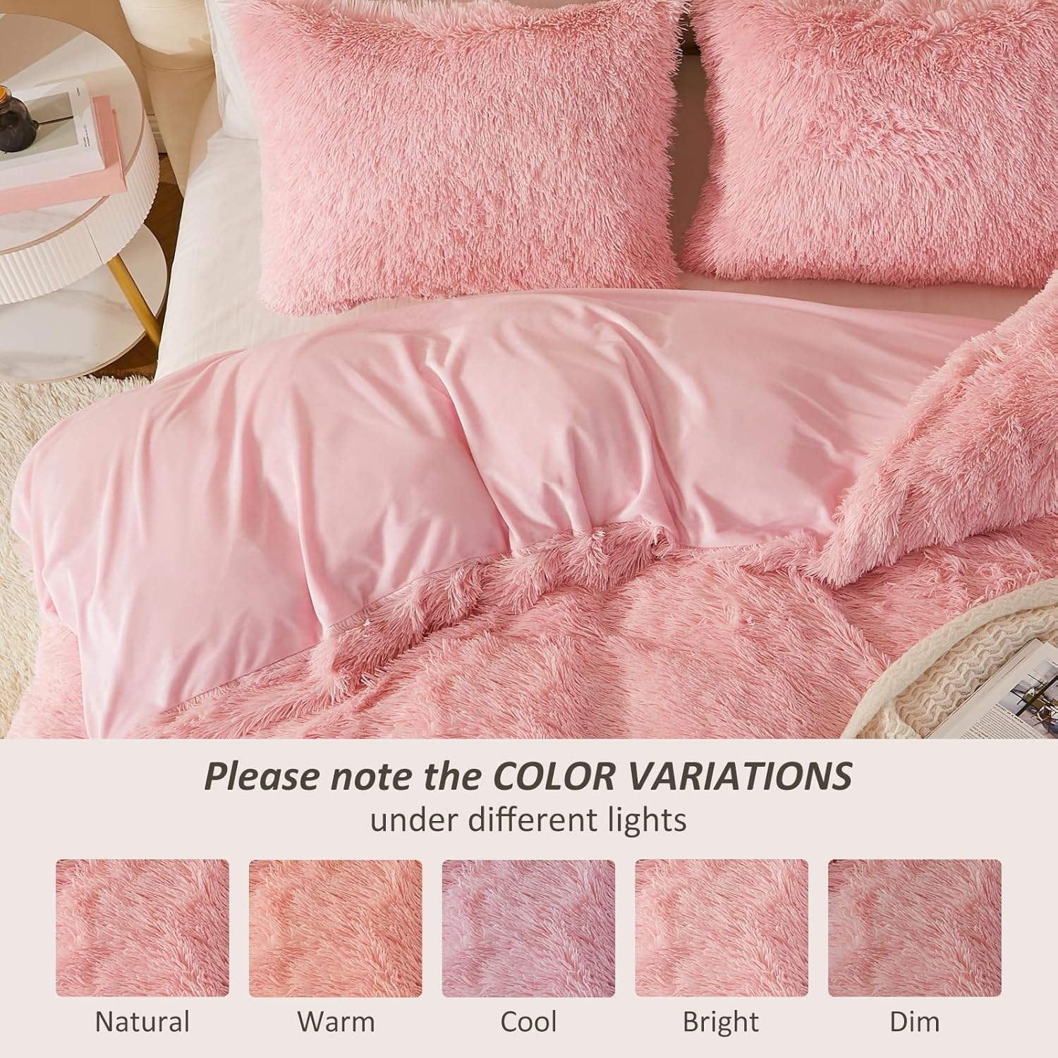EMME Luxury Fuzzy Duvet Cover Set Twin Size Fluffy Comforter Cover Set Shaggy and Plush Soft Bedding Duvet Covers (Pink, Twin) - Image 7