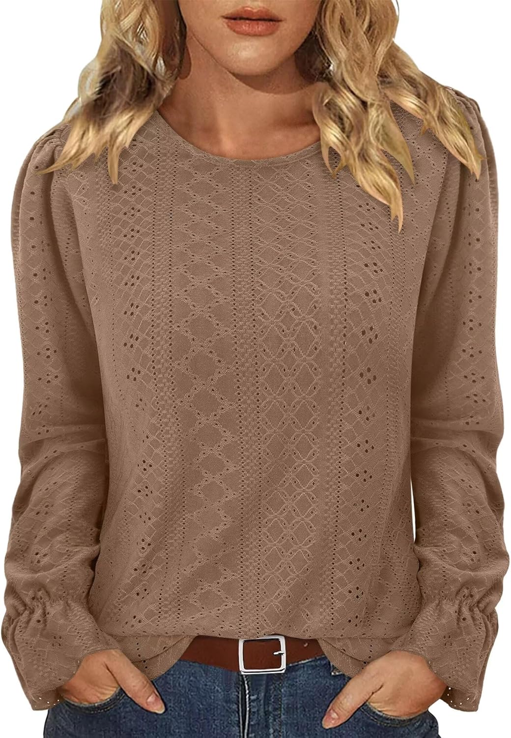 KISSMODA Women Eyelet Tops Long Sleeve Casual Office Blouse 2025 Ladies Trendy Autumn Fashion (S-3XL) - Image 4