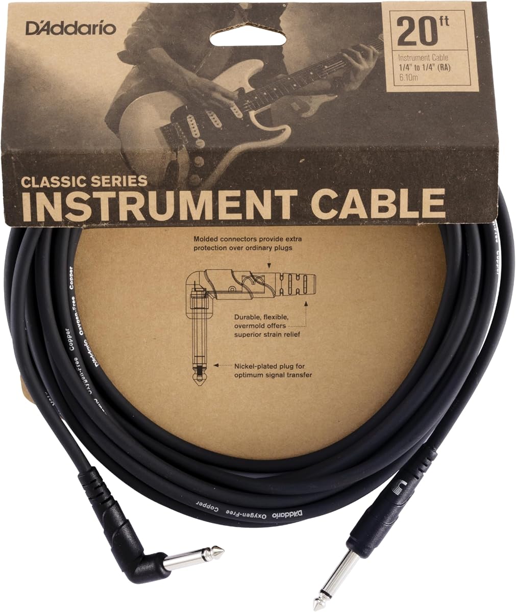 Classic Series Guitar Cable 20 ft, Straight/Right Angle | D'Addario guitar cables deliver clean signal, durable connectors, flexible stage routing and noise-reducing performance.