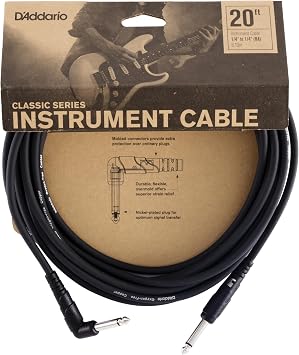 D Addario Accessories Classic Series Guitar Cable - Instrument Cord with   Inch Ends - Durable & Reliable - Bass or Guitar Cord - Right Angle - 20 feet