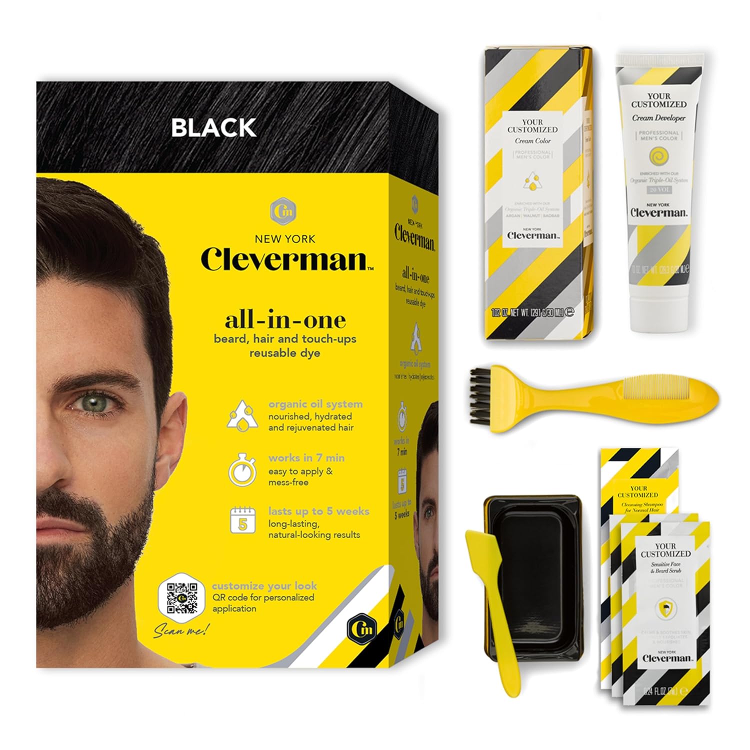 CLEVERMAN Black Hair & Beard Dye for Men, All-in-One Reusable Kit – Natural-Looking Gray Coverage, Professional-Quality, Ammonia-Free, 3.38 Fl Oz (1 Pack), Black, Suitable for Black Hair
