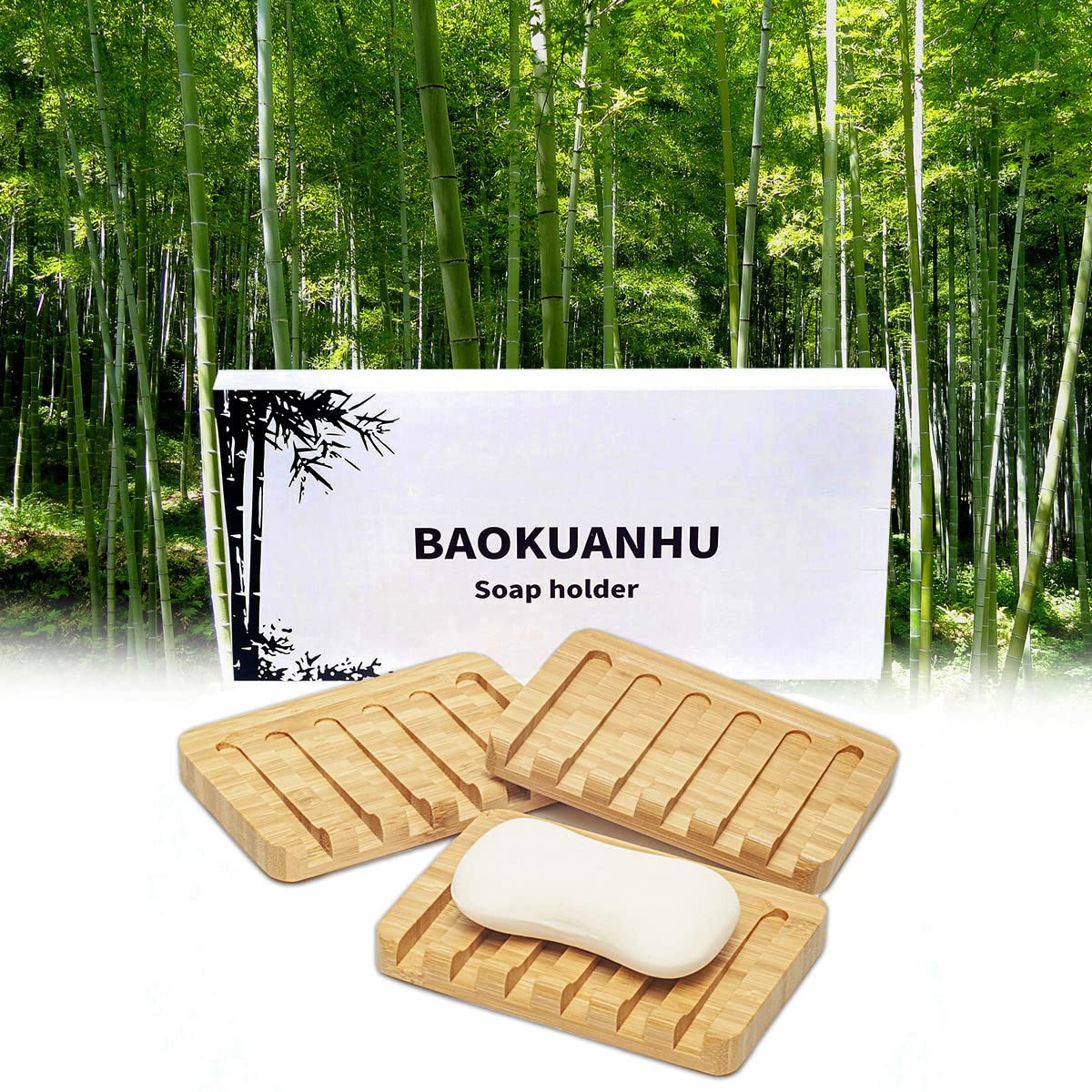 Paquete de 3 jaboneras de bambú, soporte de jabón de barra con bandeja autodrenante, ahorro de jabón de drenaje de cascada natural, utilizado para baño, cocina