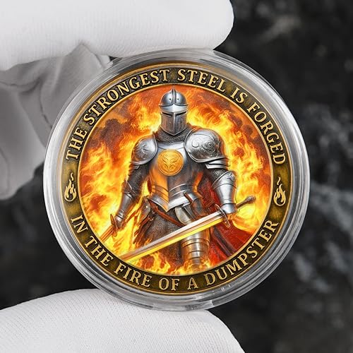 Miniatura 6 de Moneda de desafío de fuego de contenedor, diseño de caballero y fénix con mensaje motivacional, símbolo de resiliencia y humor