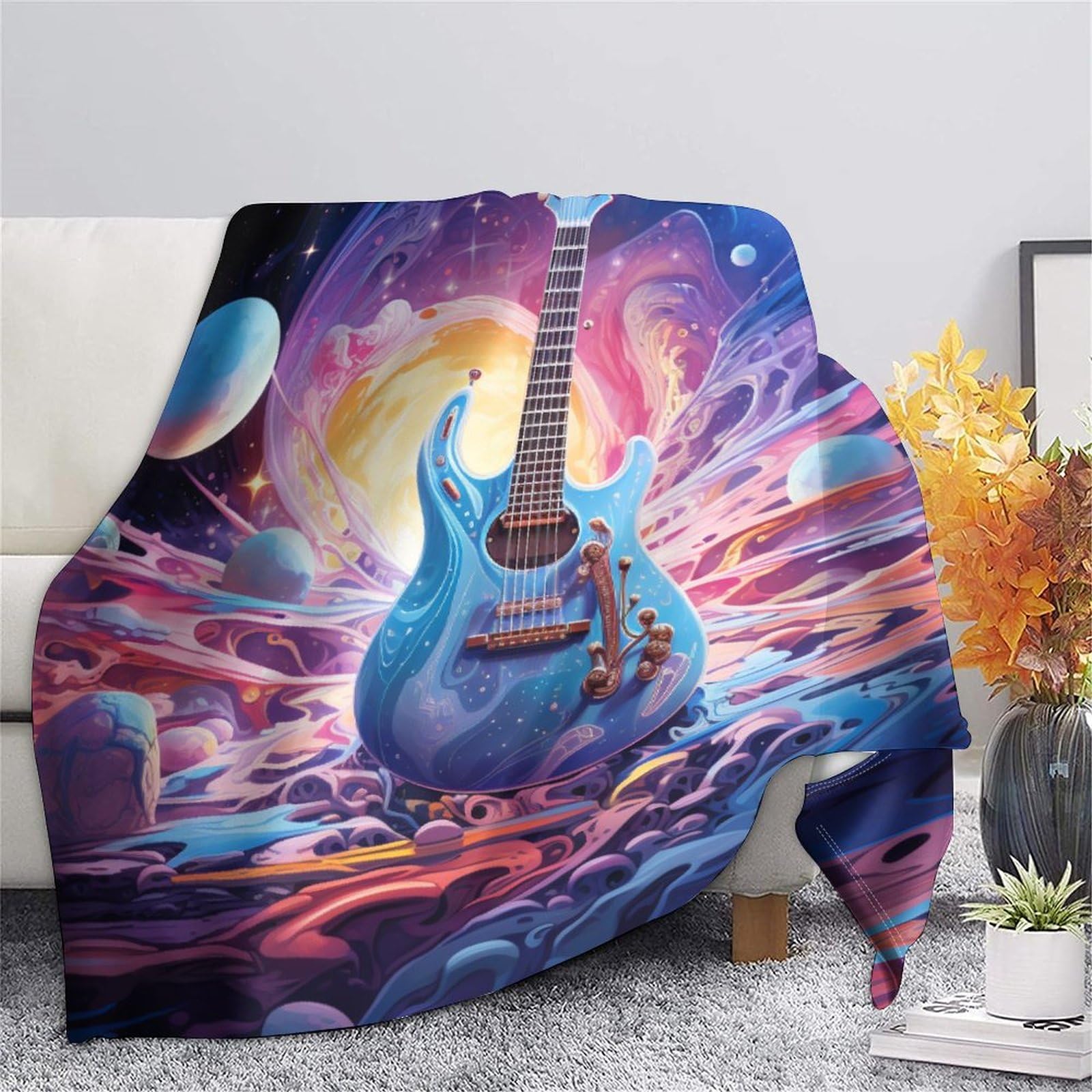 Koc 3D na gitarę, dla dzieci, dorosłych, miękki, flanelowy, do pokoju dziecięcego, łóżeczka, przytulny, ciepły, puszysty, narzuta, prezent z nadrukiem, dla noworodka i malucha, 200 x 230 cm