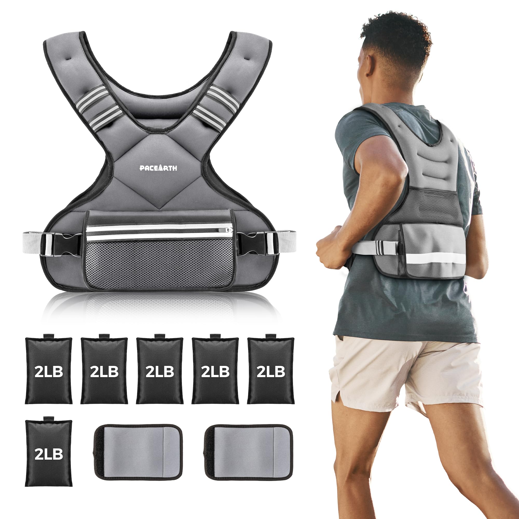 PACEARTH Adjustable Weight Vest 4-10lbs / 11-20lbs / 20-32lbs X-Shape Weighted Vest for Women and Men, Home Workout Ironsand Vest with Zipper Pouch and 6 Weight Packs, Available in Pink, Gray, Black
