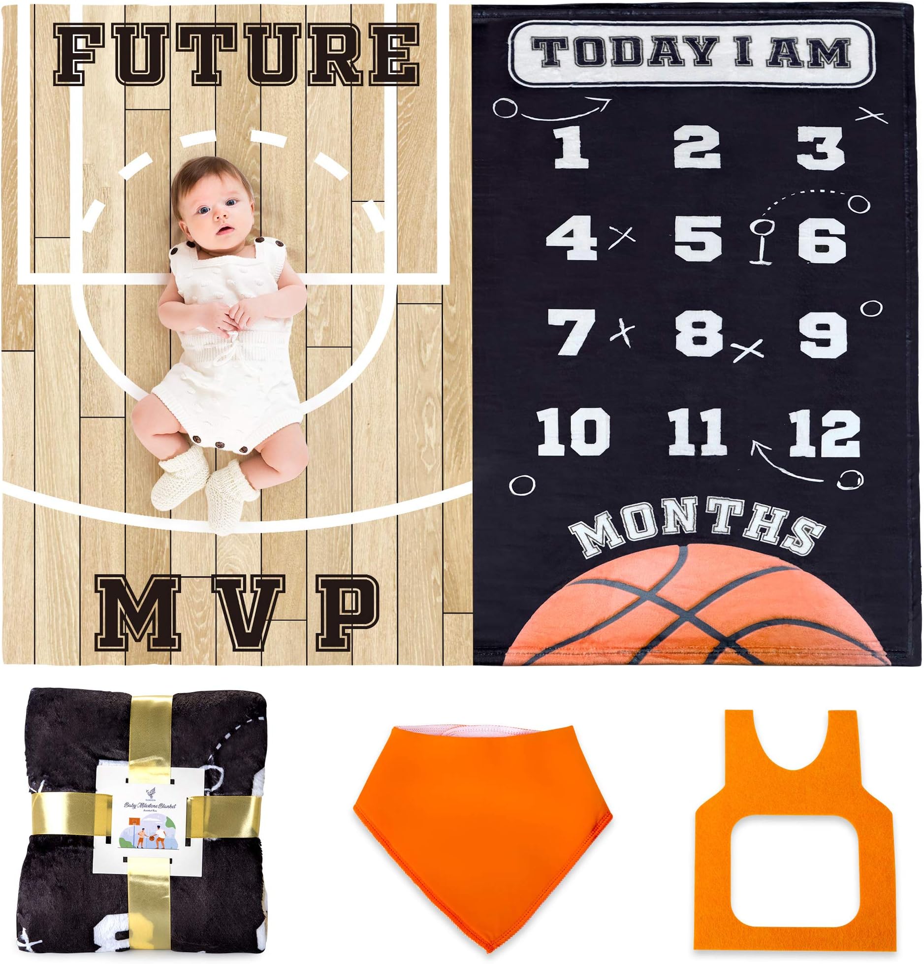 SUKOON Monthly Milestone Blanket for Baby Boy/Girl | Basketball Theme | Includes Frame and Bib | Large | 47"x40" | Personalized Baby Month Blanket for Newborn Baby Shower