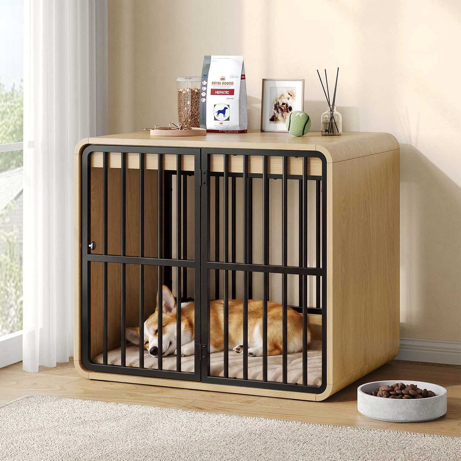  28" Dog Crate Furniture End Table for Small Dogs, Natural Oak
